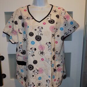 Disney Beige 101 Dalmation SS 3 Pocket Scrub Shirt Size L Women's